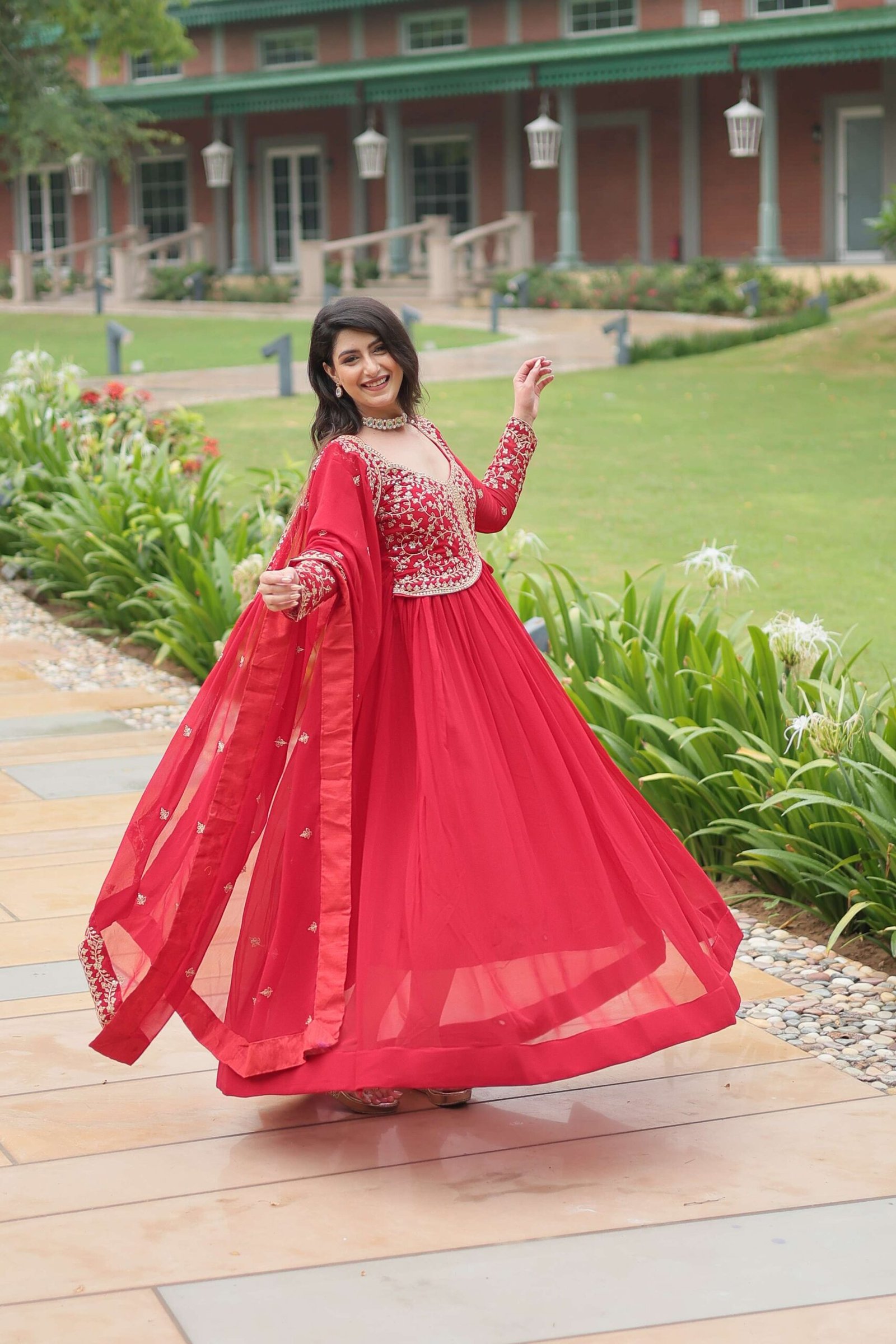 Red Faux Blooming Sequins & Zari Embroidered Gown with Matching Dupatta - Image 6