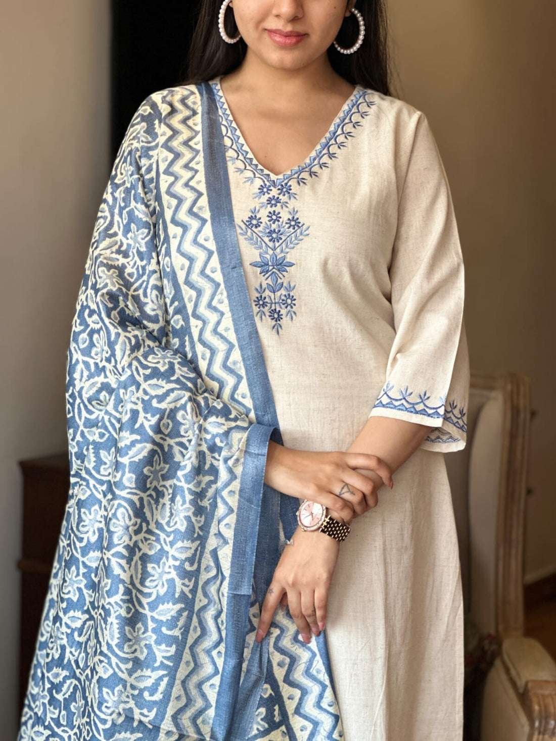 Women's Cotton Embroiderd Straight Kurti With Pant and Printed Dupatta Set - Image 2