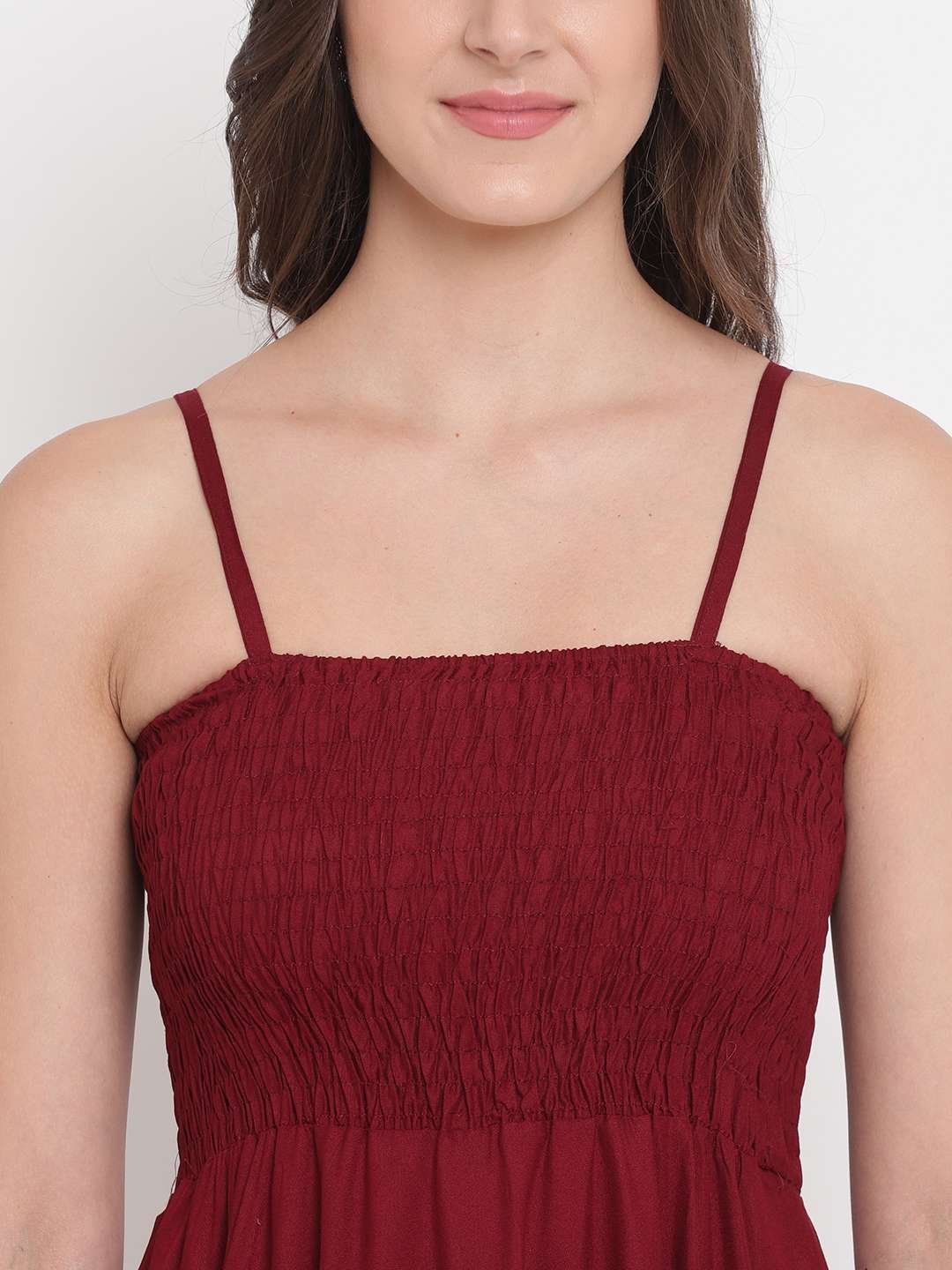 Women's Viscose Rayon Solid Shoulder Straps Sleeveless Flared Gown Drees (Maroon) - Image 3