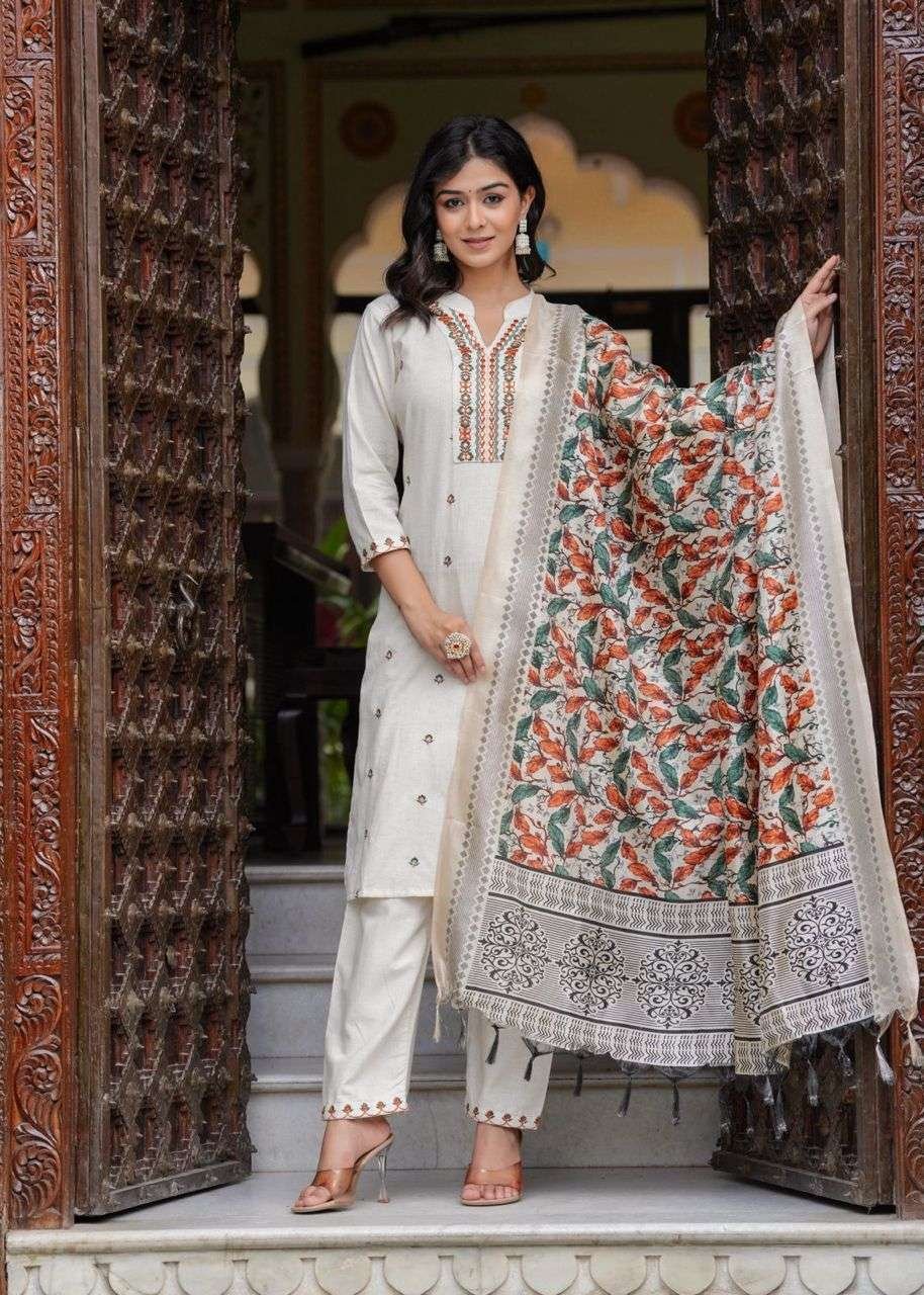 Women's Cotton Embroidered Straight Kurti With Pant and Dupatta Set - Image 3