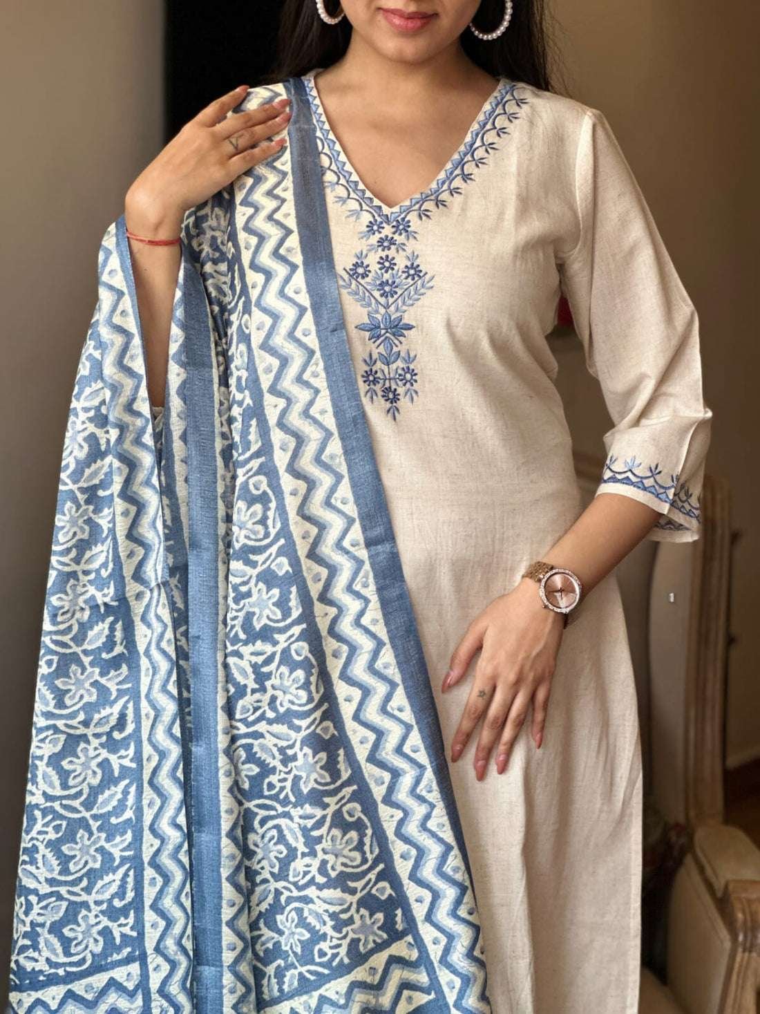 Women's Cotton Embroiderd Straight Kurti With Pant and Printed Dupatta Set - Image 3