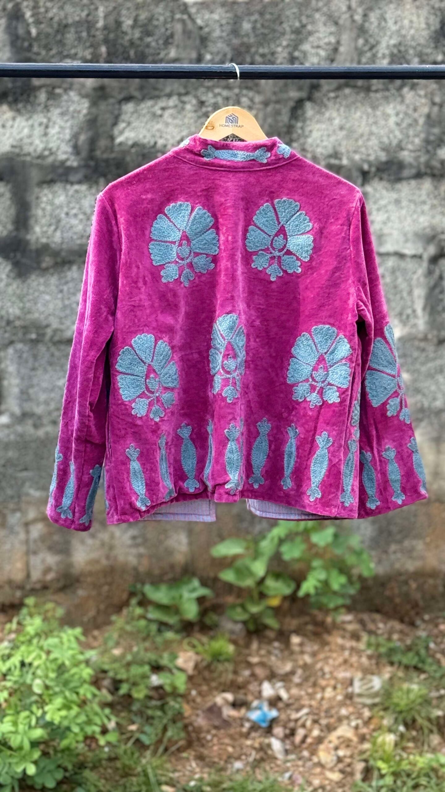 Womens Pink Velvet Embroidered Jacket with Floral Design - Image 4