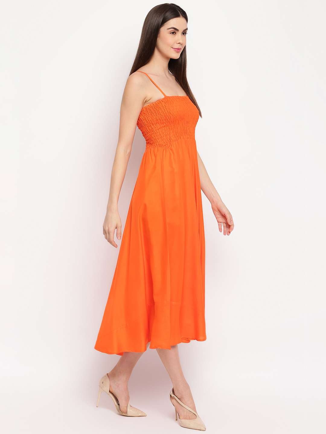 Women's Viscose Rayon Solid Shoulder Straps Sleeveless Flared Gown Drees (Orange)