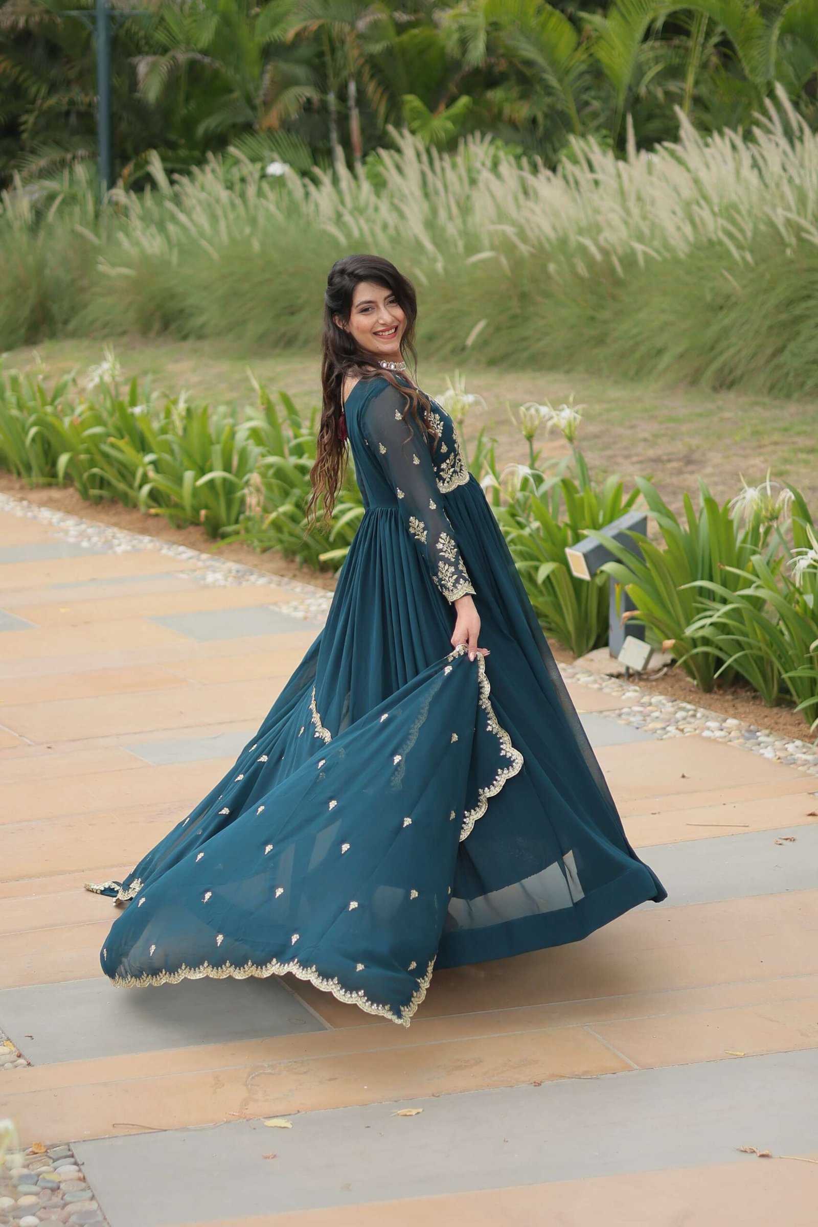 Teal-Blue Elegant Kutchi Gamthi Work Reyon Gown with Heavy Flair - Image 3