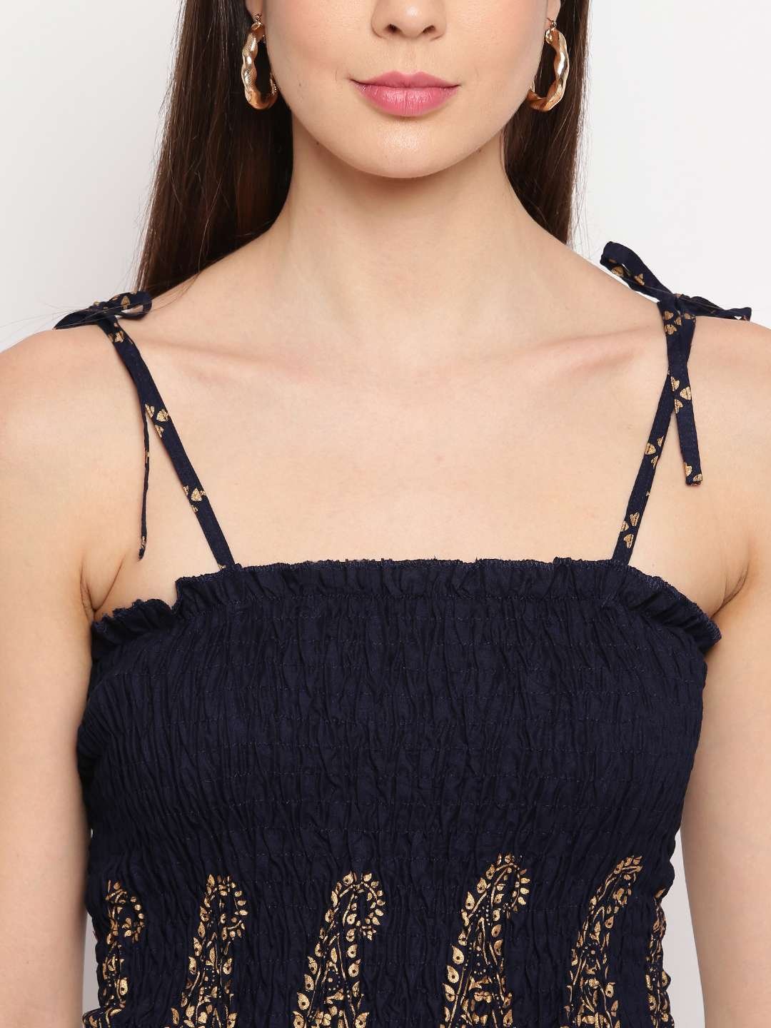 Women's Rayon Buta Printed Casual Summer Style Tie Shoulder Straps Free Size Tank Top ( Navy Blue Gold Pattern) - Image 4