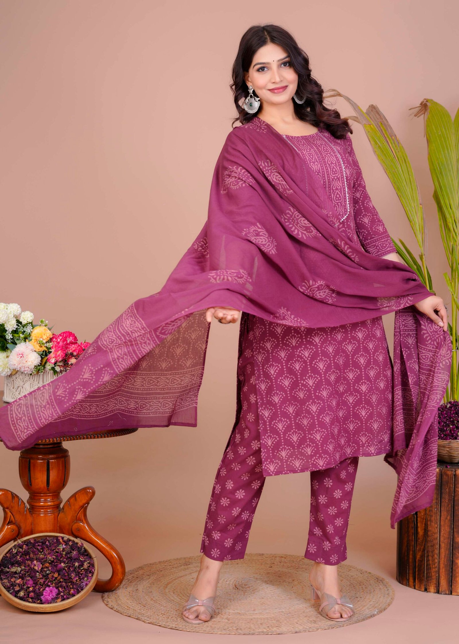 Women's Purple Cotton Printed Straight Kurti with Pant & Dupatta Set