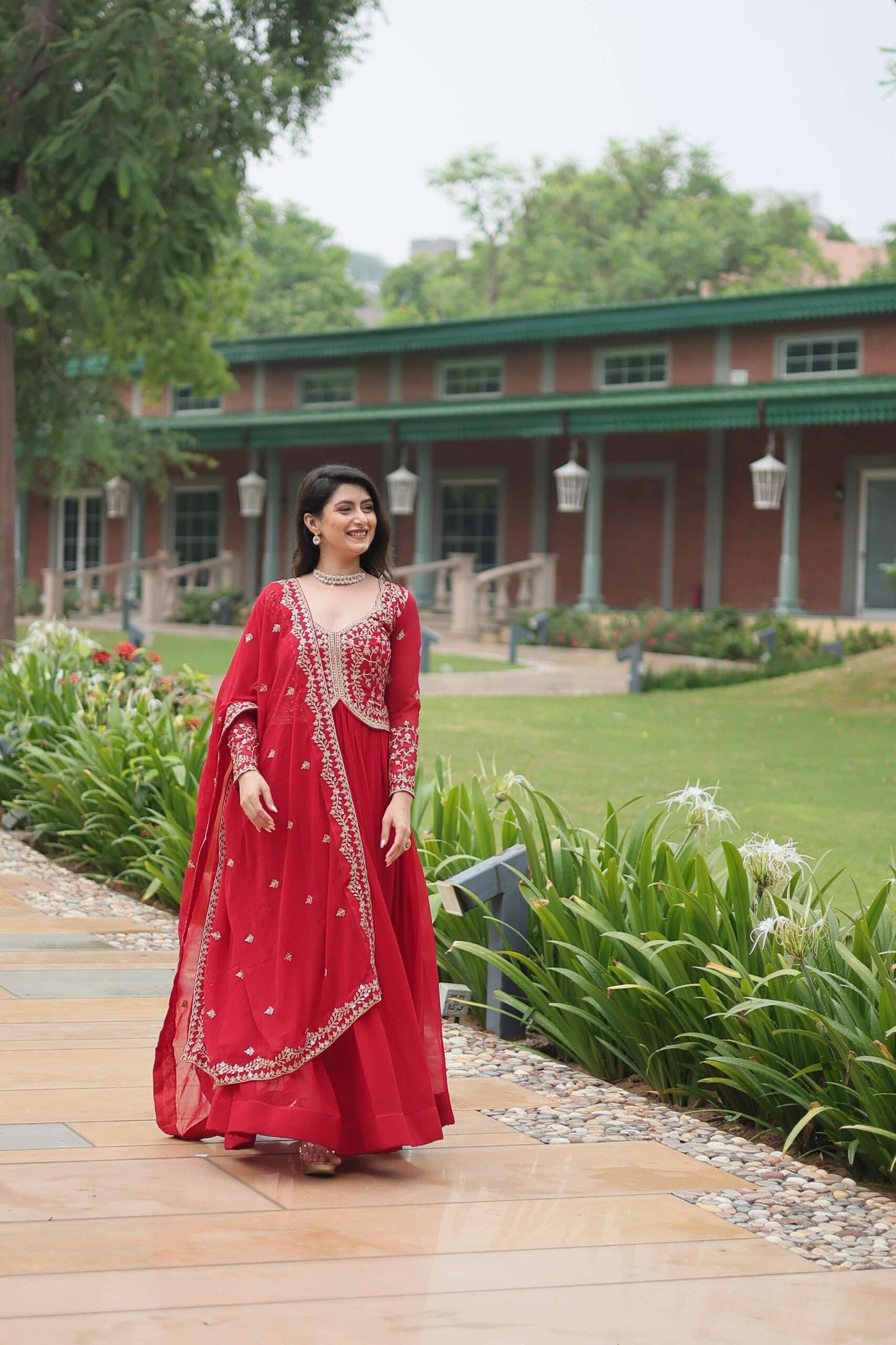 Red Faux Blooming Sequins & Zari Embroidered Gown with Matching Dupatta - Image 8