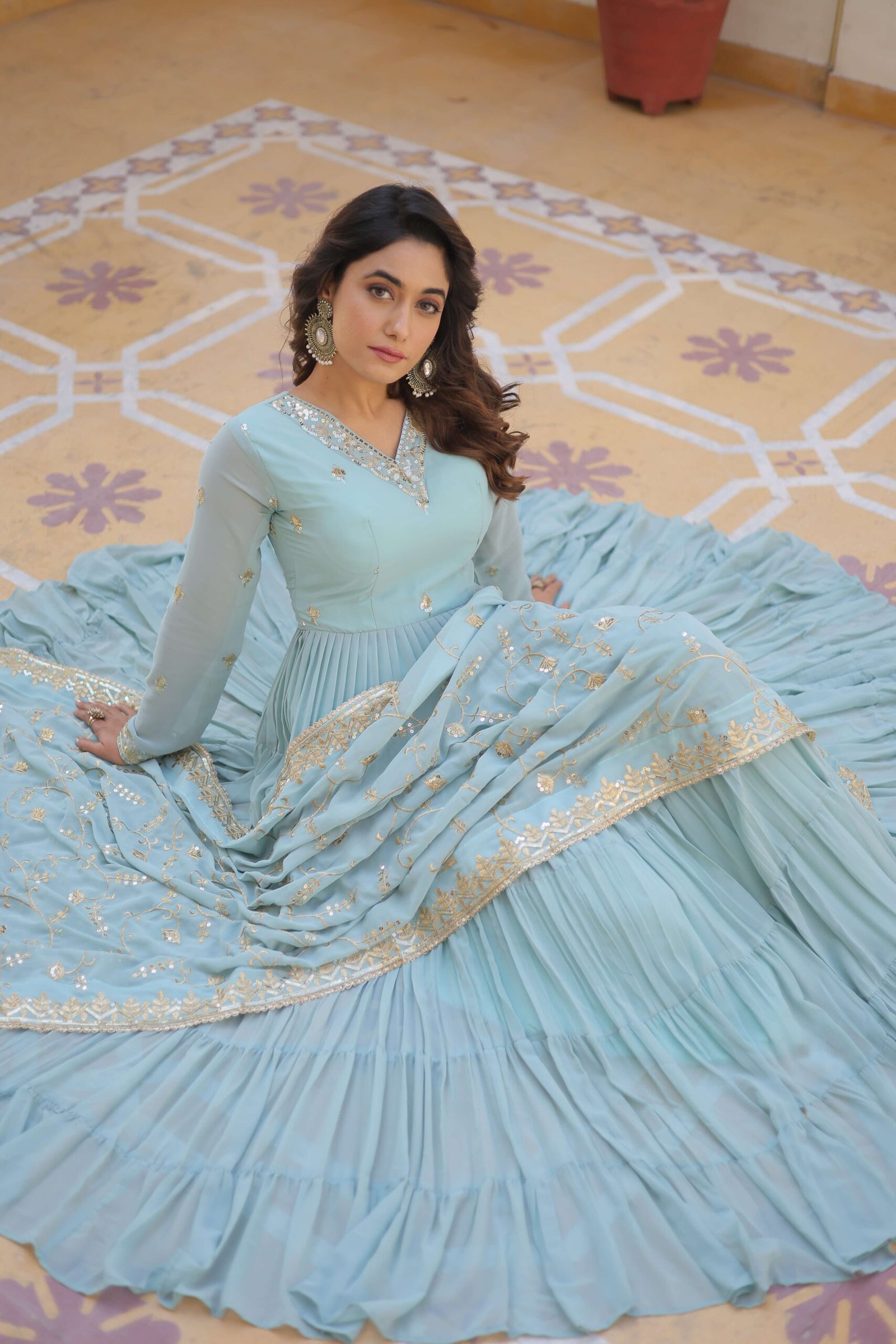 SKY Faux Georgette Designer Gown with Sequined Dupatta ? Elegant Fully Flared Party & Wedding Set - Image 3