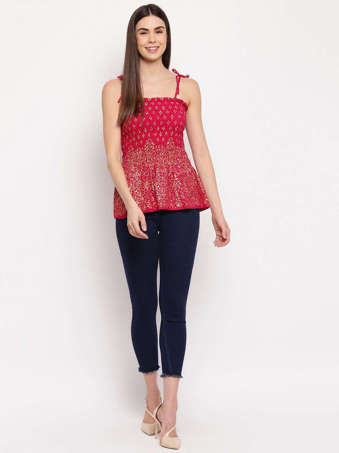 Women's Rayon Floral Printed Casual Summer Style Tie Shoulder Straps Free Size Tank Top ( Maroon Gold Pattern) - Image 3