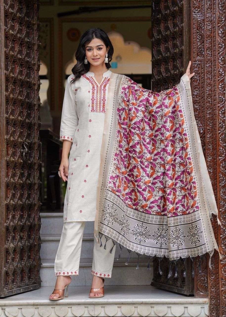 Women's Cotton Embroidered Straight Kurti With Pant and Dupatta Set - Image 3
