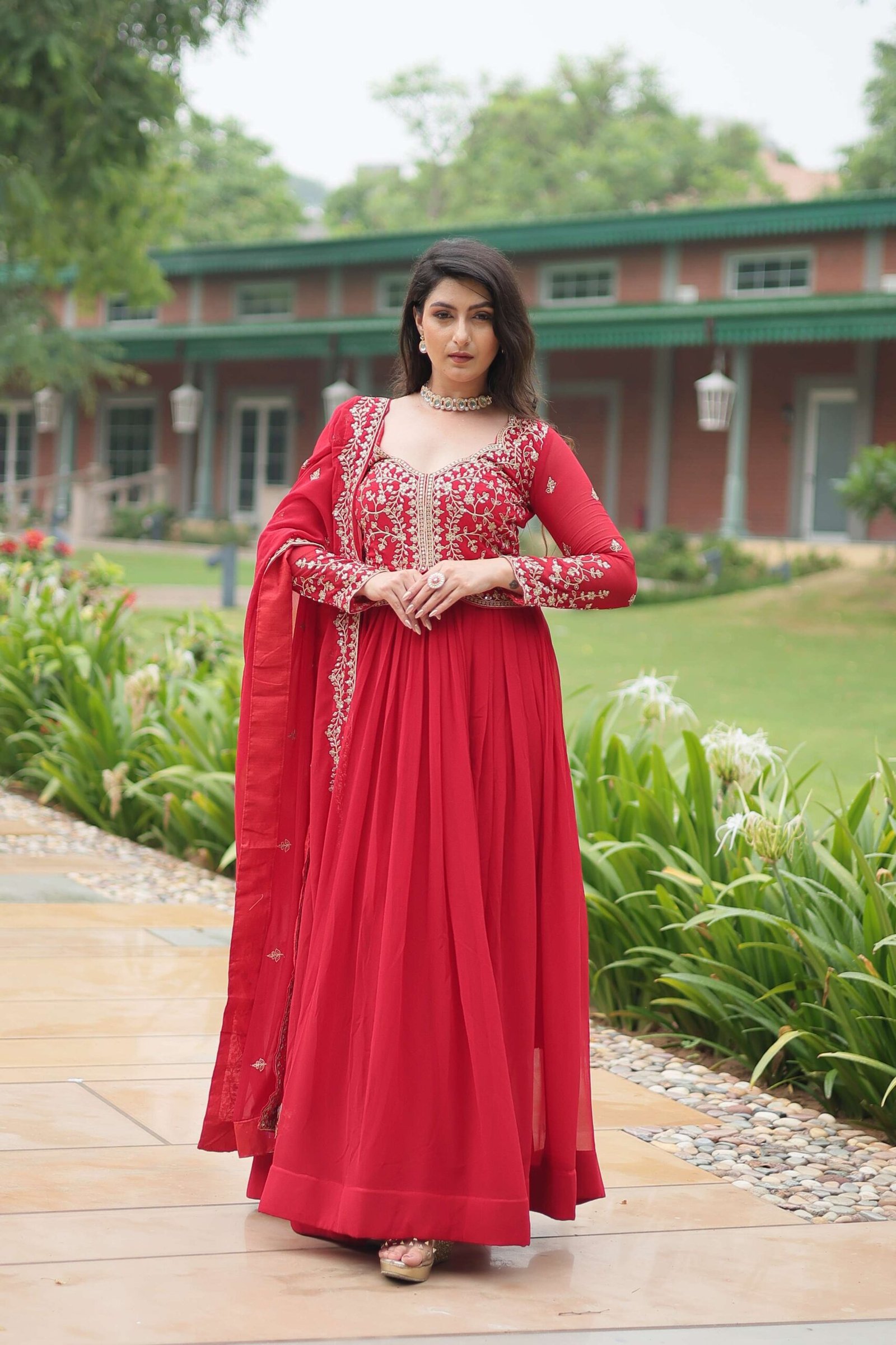Red Faux Blooming Sequins & Zari Embroidered Gown with Matching Dupatta - Image 3