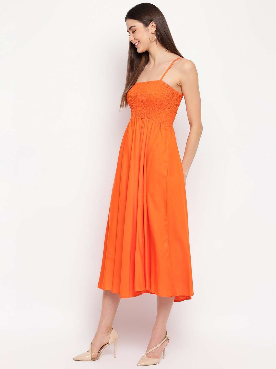 Women's Viscose Rayon Solid Shoulder Straps Sleeveless Flared Gown Drees (Orange) - Image 5