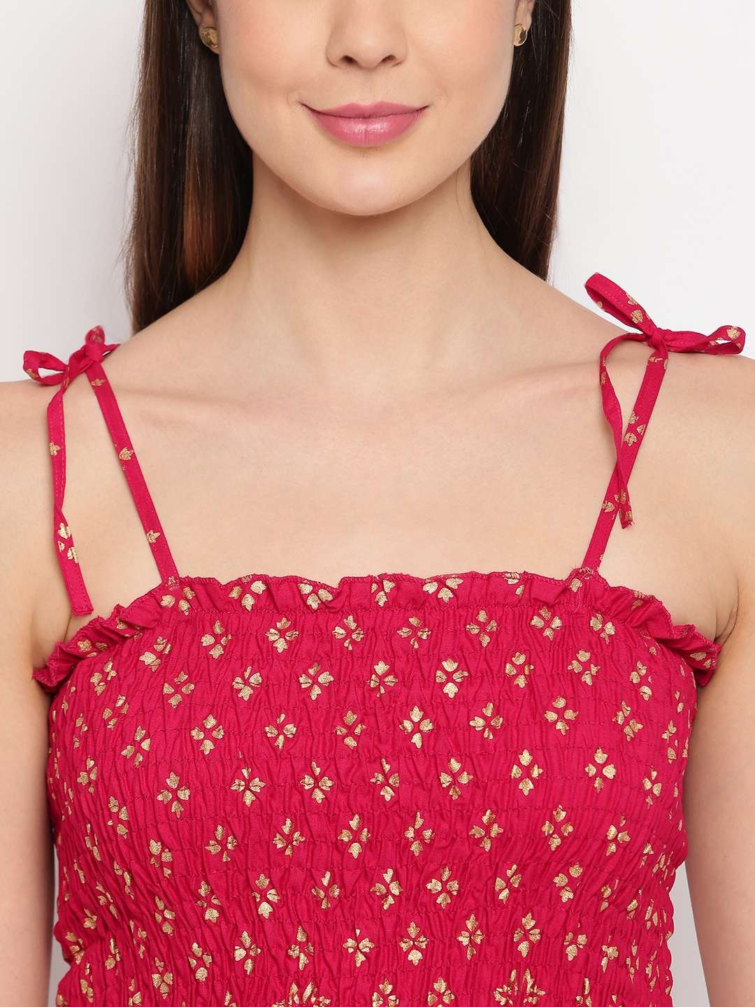 Women's Rayon Floral Printed Casual Summer Style Tie Shoulder Straps Free Size Tank Top ( Maroon Gold Pattern) - Image 4