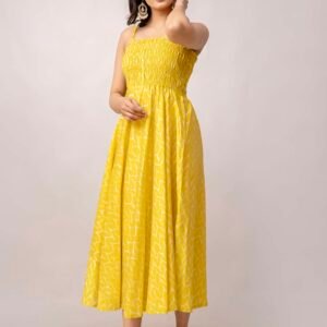 Women's Silk Printed Shoulder Straps Sleeveless Anarkali Gown Drees (Yellow Sui)