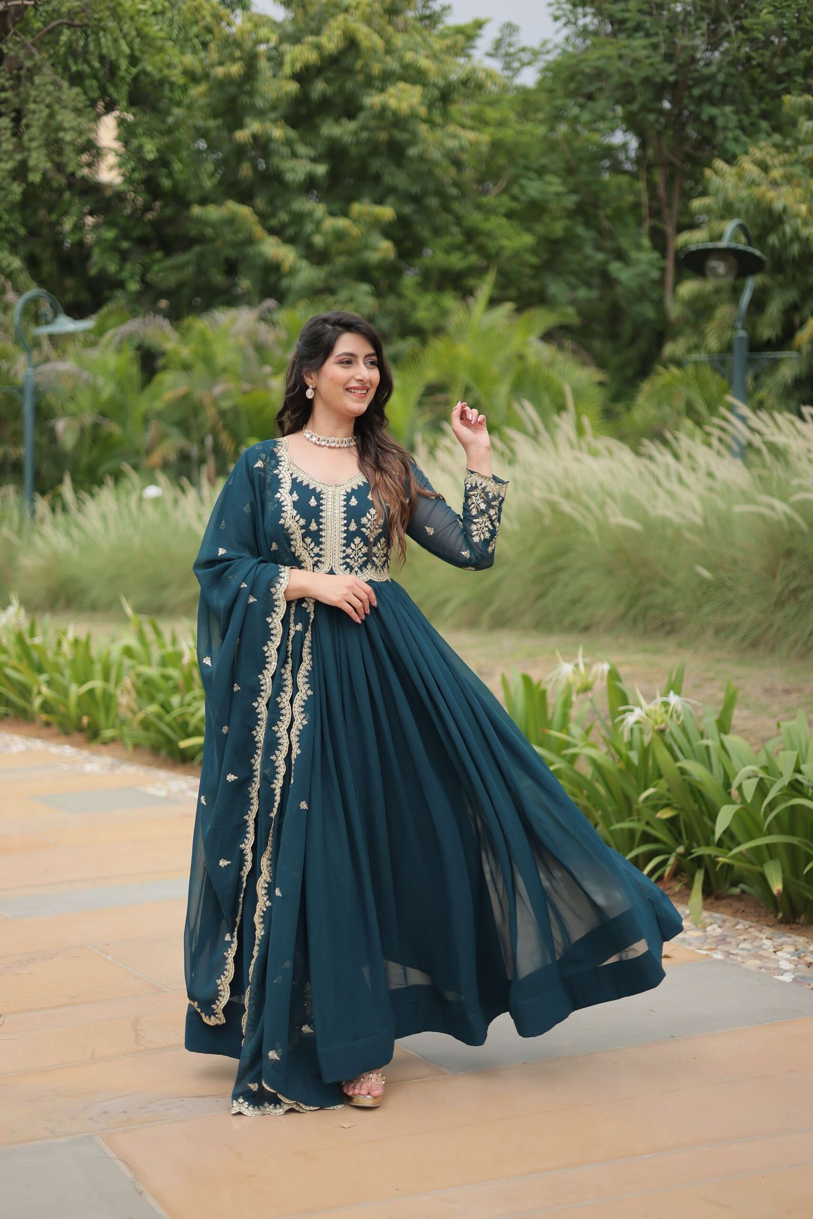 Teal-Blue Elegant Kutchi Gamthi Work Reyon Gown with Heavy Flair - Image 6