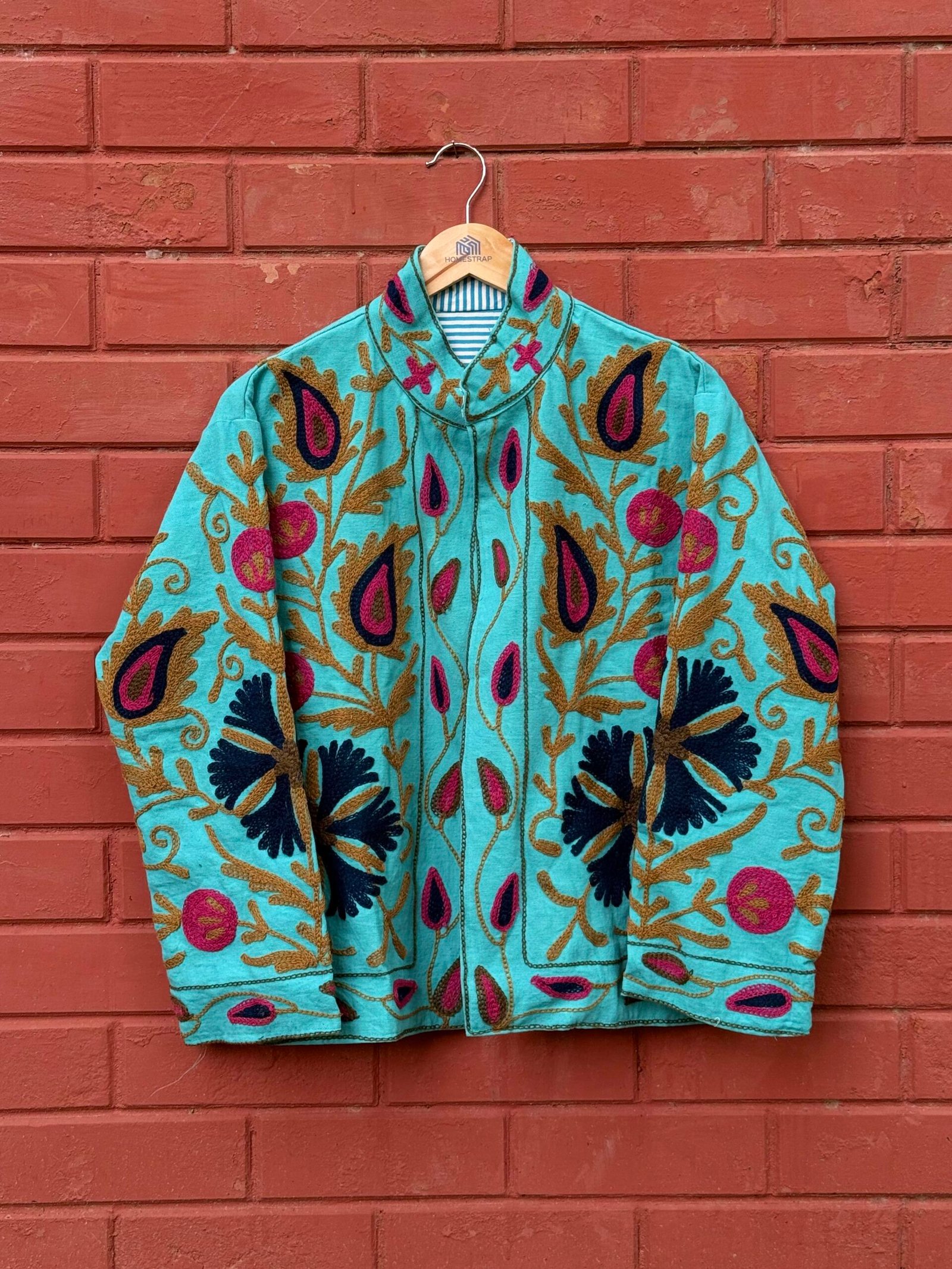 Womens Teal Blue Velvet Embroidered Jacket with Floral Design