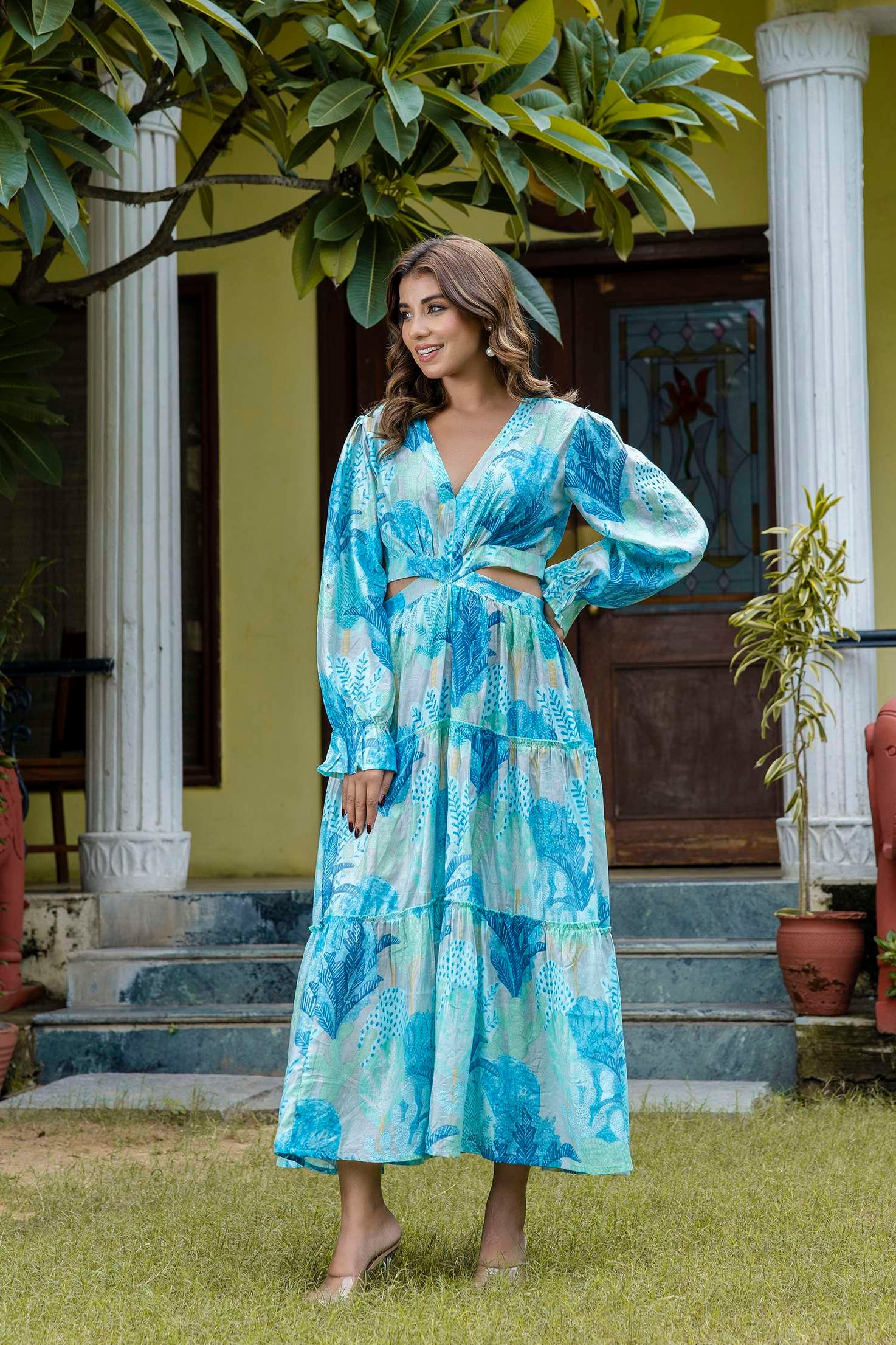 Women's Silk Printed V-Neck Long Bell Sleeves Tiered Maxi Dress Gown - Image 5