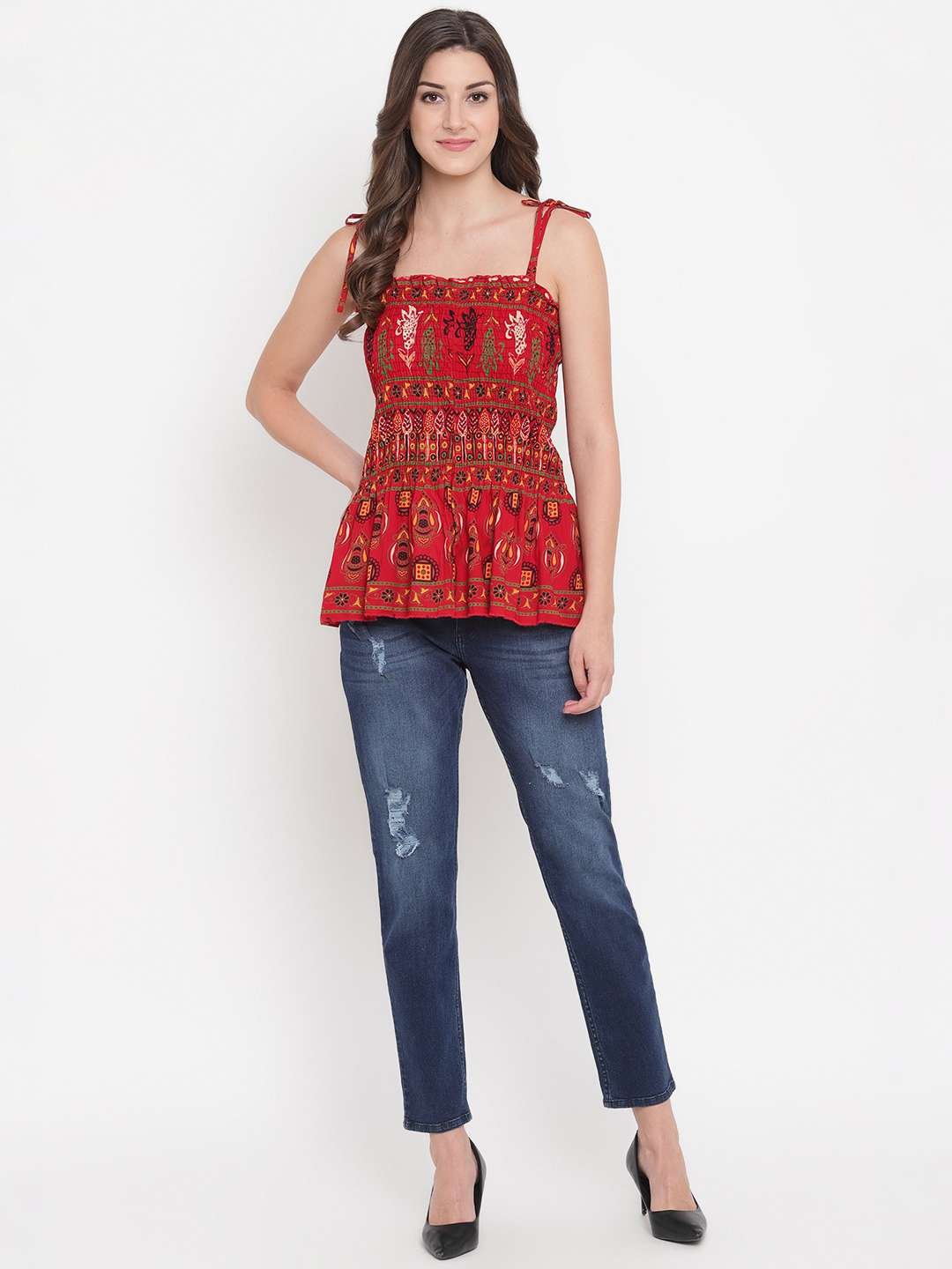 Women's Rayon Printed Casual Summer Style Tie Shoulder Straps Free Size Tank Top ( Multi7) - Image 3