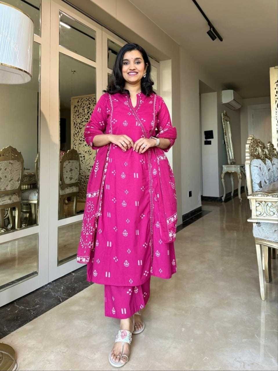 Women's Cotton Embroidered Anarkali Kurti with Pant and Dupatta Set - Image 2