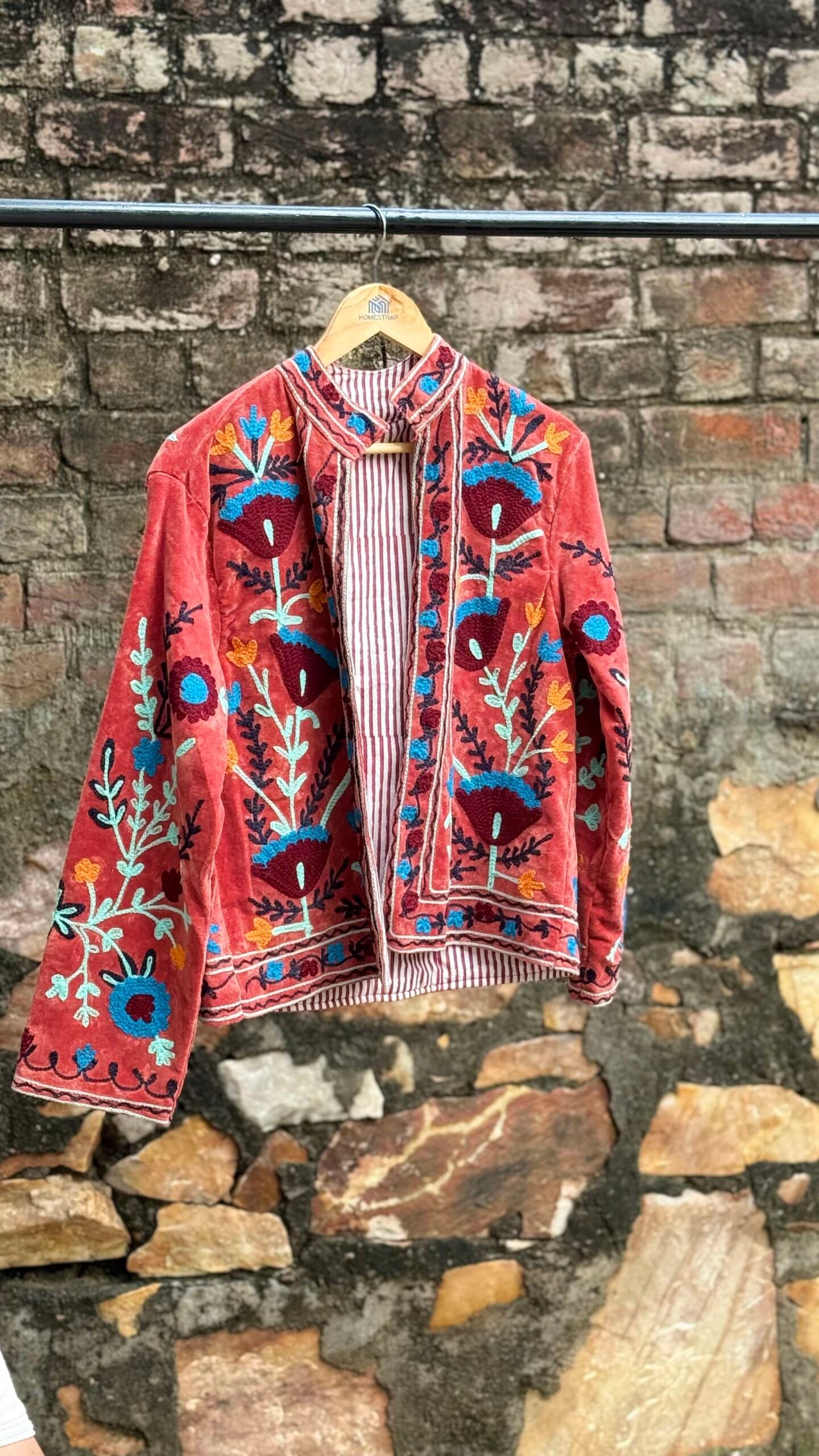 Womens Terracotta Velvet Embroidered Jacket with Floral Design - Image 4
