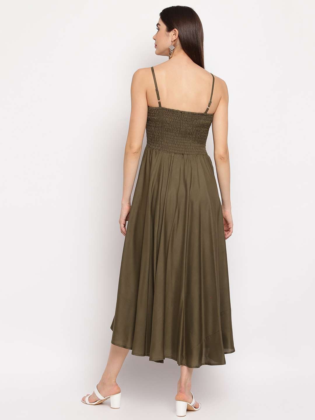 Women's Viscose Rayon Solid Shoulder Straps Sleeveless Flared Gown Drees (Olive Green) - Image 2