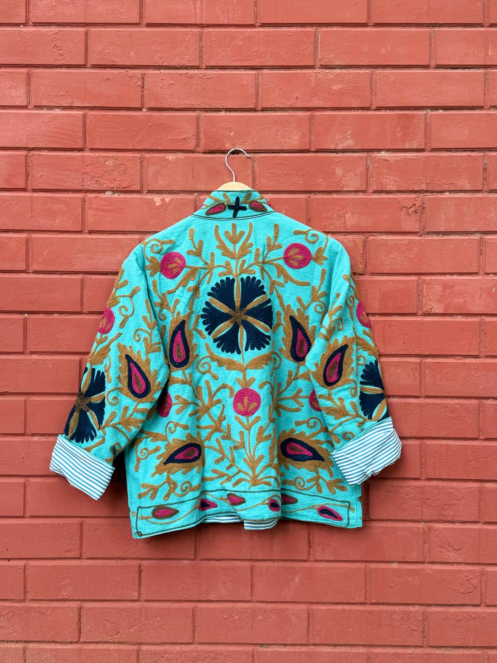 Womens Teal Blue Velvet Embroidered Jacket with Floral Design - Image 2