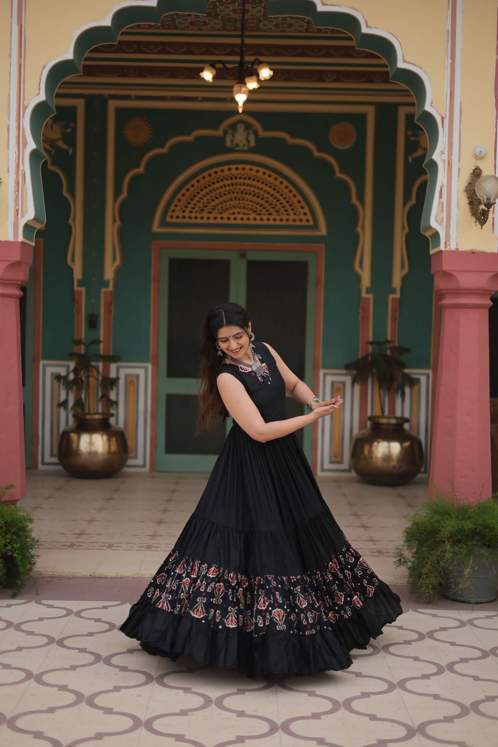Black Designer Heavy Reyon Gown with Printed Frill & Fancy V-Neck