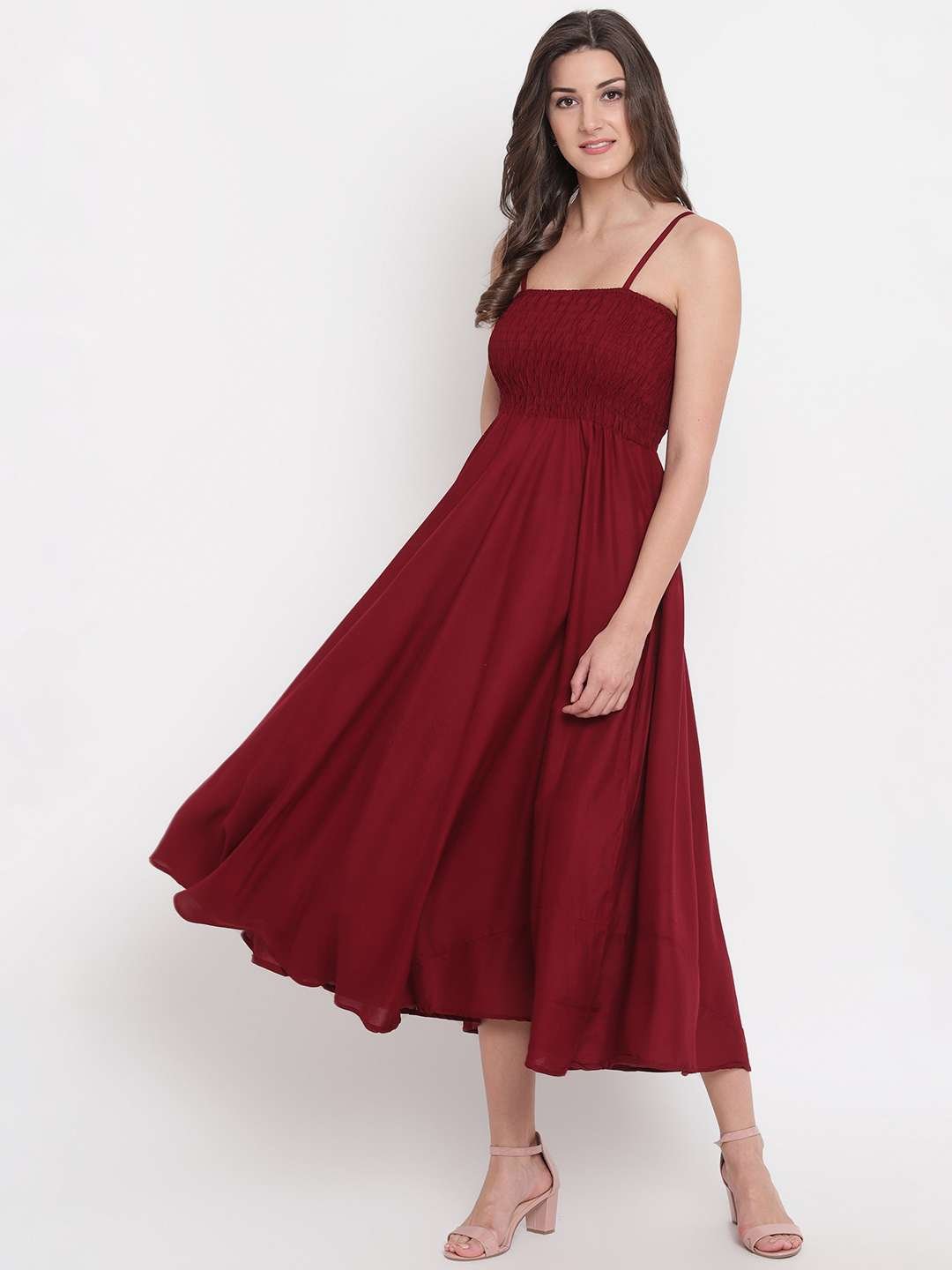Women's Viscose Rayon Solid Shoulder Straps Sleeveless Flared Gown Drees (Maroon) - Image 4