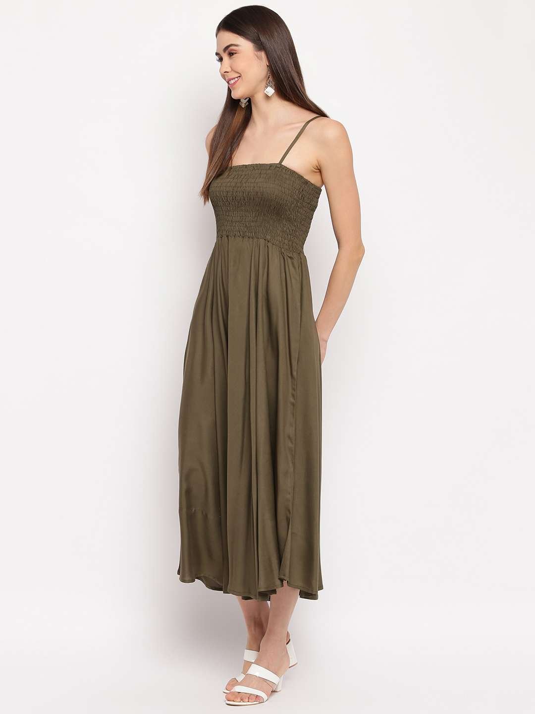 Women's Viscose Rayon Solid Shoulder Straps Sleeveless Flared Gown Drees (Olive Green)