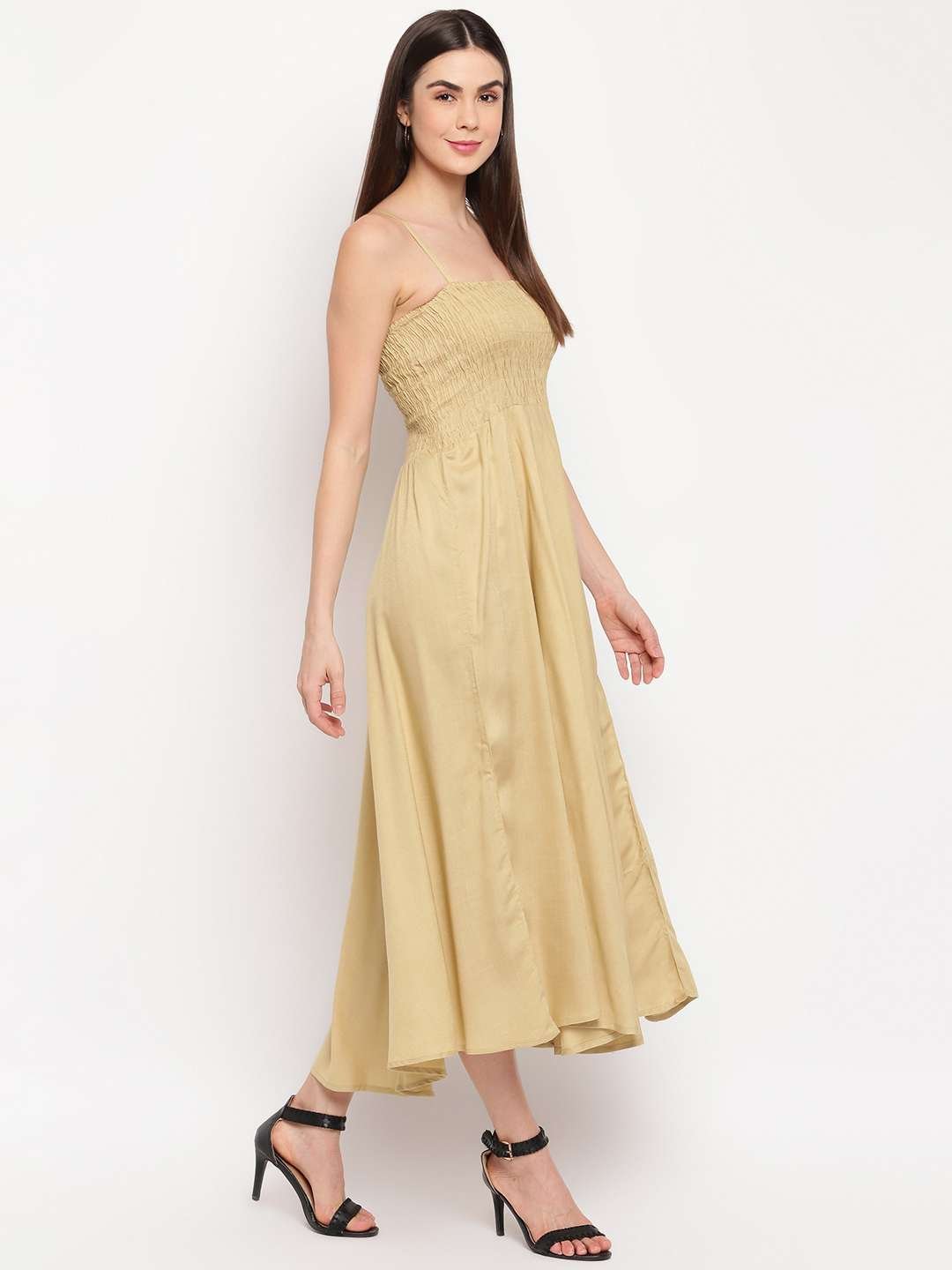 Women's Viscose Rayon Solid Shoulder Straps Sleeveless Flared Gown Drees (Beige) - Image 2