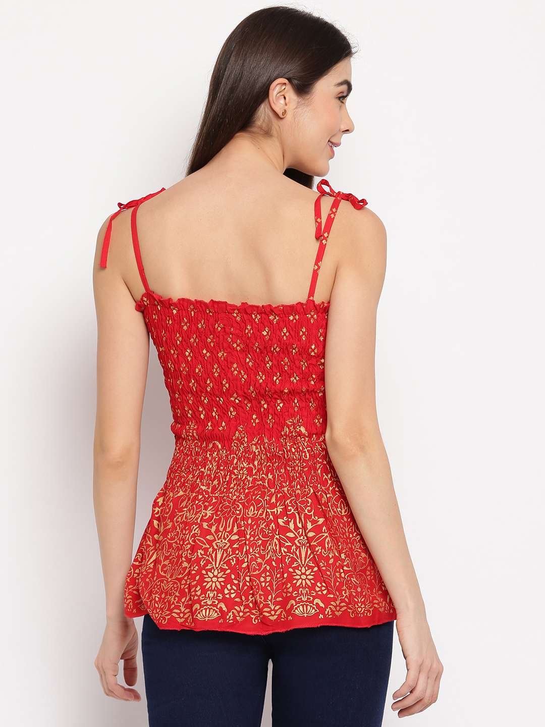 Women's Rayon Floral Printed Casual Summer Style Tie Shoulder Straps Free Size Tank Top ( Red Gold Pattern) - Image 2