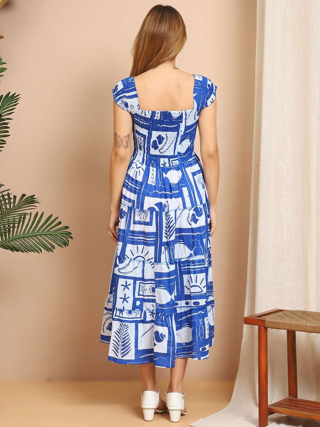 Women's Viscos Rayon Printed Off Shoulder Midi Dress For Summer And Casual Wear (Blue White) - Image 2