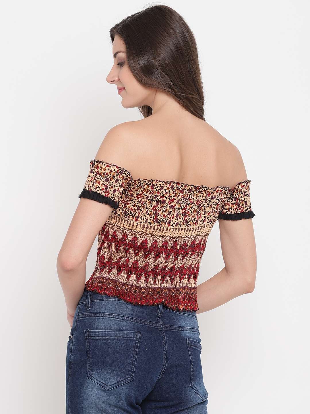 Women's Rayon Printed Off-Shoulder Smocked Crop Top Short Sleeve Casual Styles Tank Top (FREE SIZE) Multi8 - Image 2