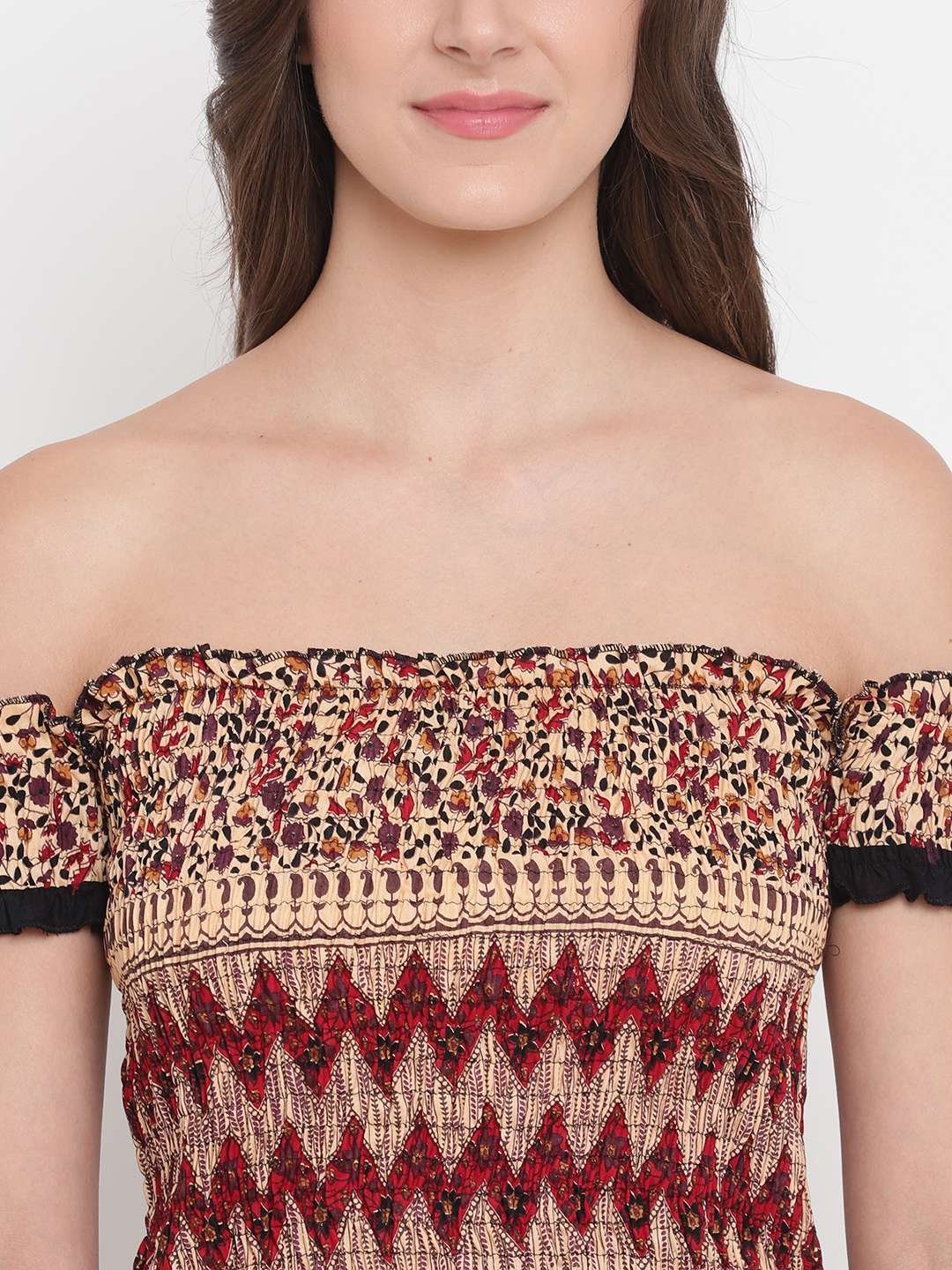 Women's Rayon Printed Off-Shoulder Smocked Crop Top Short Sleeve Casual Styles Tank Top (FREE SIZE) Multi8 - Image 4