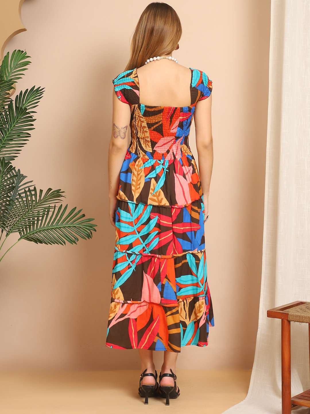 Women's Viscos Rayon Printed Off Shoulder Midi Dress For Summer And Casual Wear (Multti Color1) - Image 2