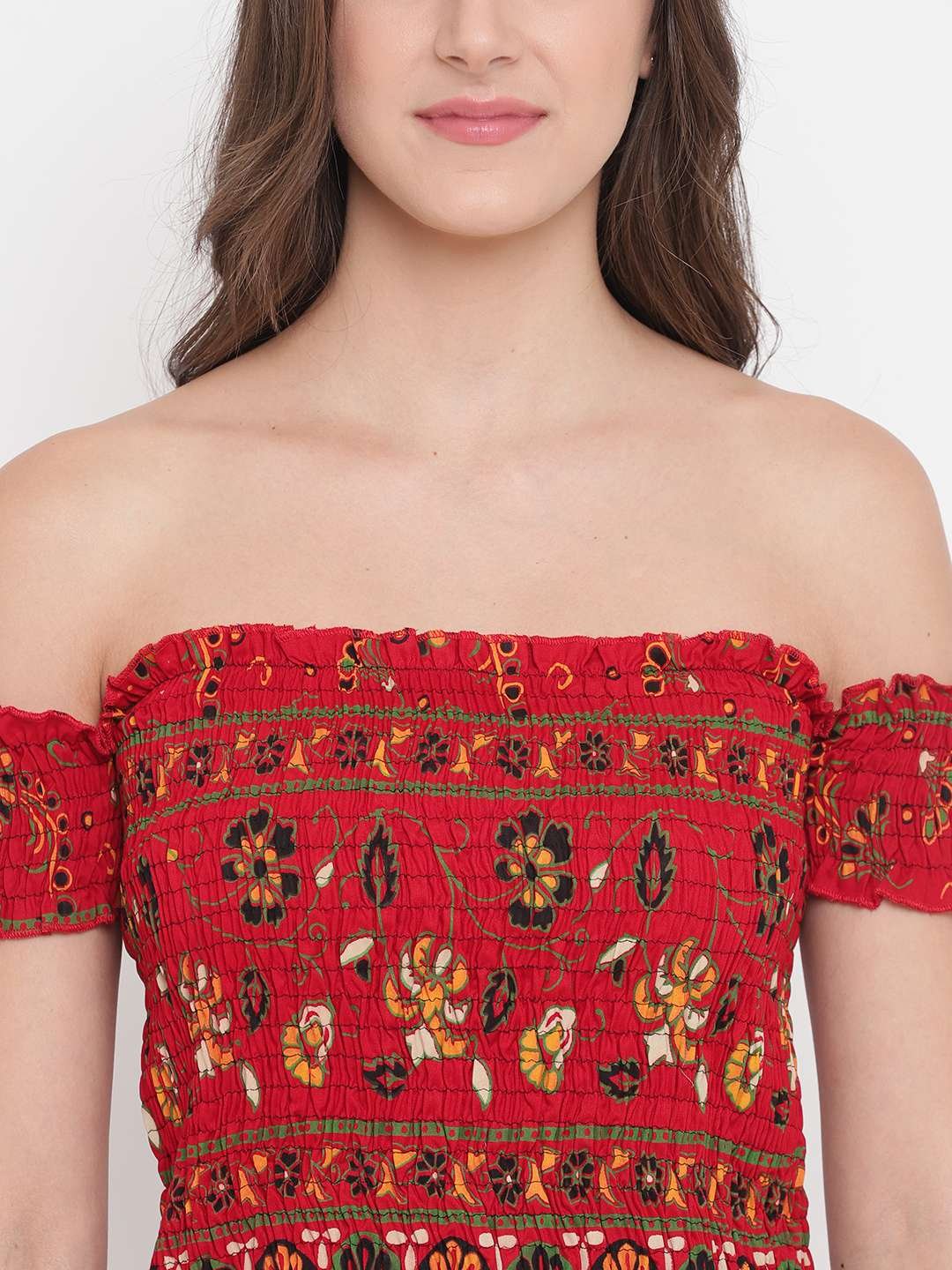 Women's Rayon Printed Off-Shoulder Smocked Crop Top Short Sleeve Casual Styles Tank Top (FREE SIZE) Multi6 - Image 4